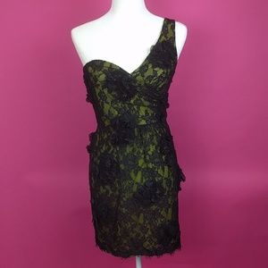 BCBG black & lime lace overlay one shoulder dress
