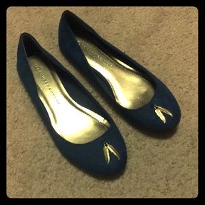 Teal Lauren Conrad flats with gold feather detail