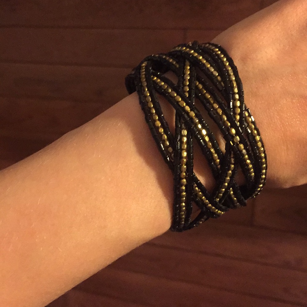 Beaded Black and Gold Cuff Bracelet