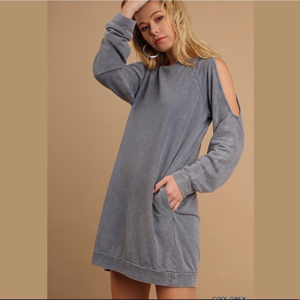 Washed Cutout Sleeve Pocket Sweater Dress