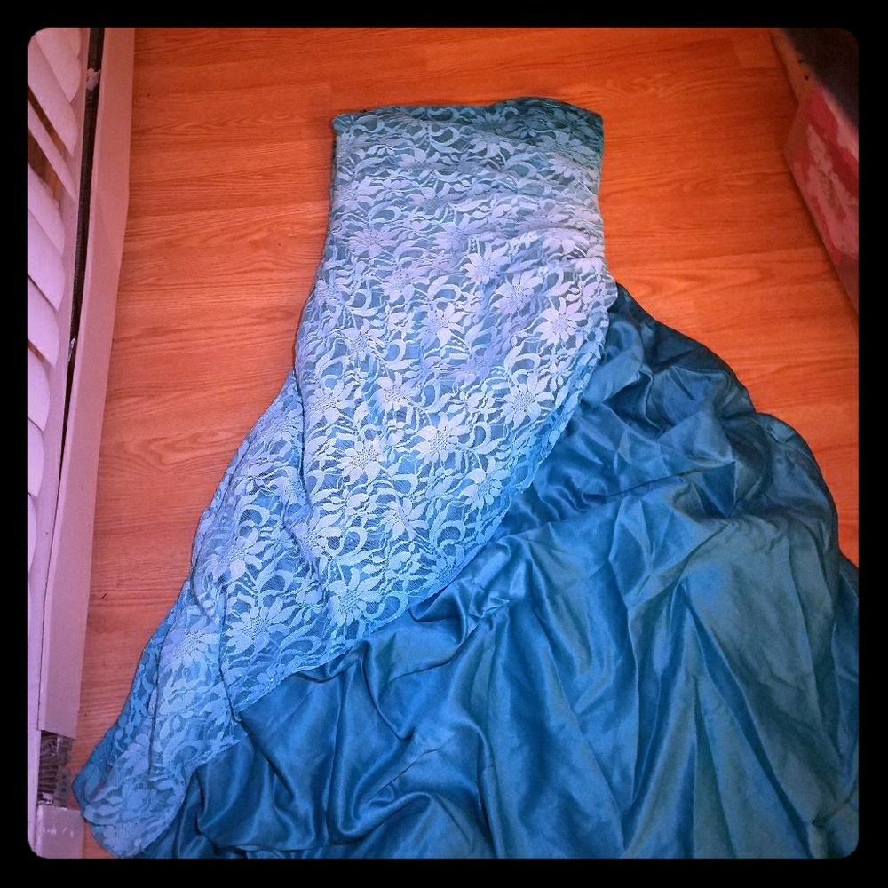 Strapless blue prom dress