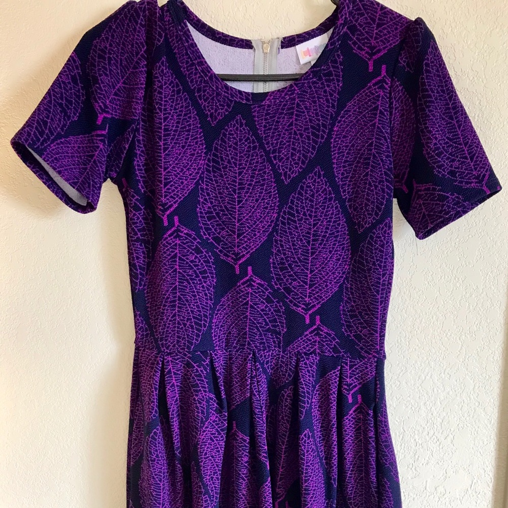 LuLaRoe Small Amelia Dress with Purple Leaf Print