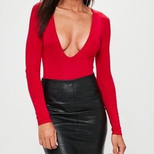 NWT Misguided DEEP V, long sleeved red bodysuit