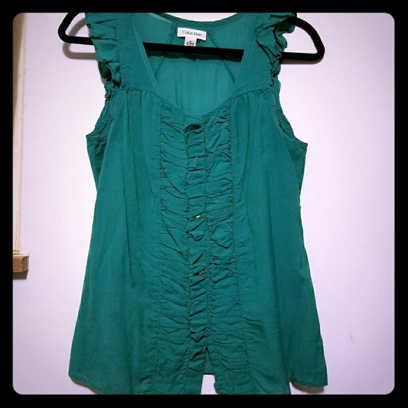 Calvin Klein Tops - Calvin Klein teal ruffled sleeveless button down