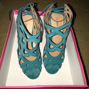 Turquoise peep toe heels