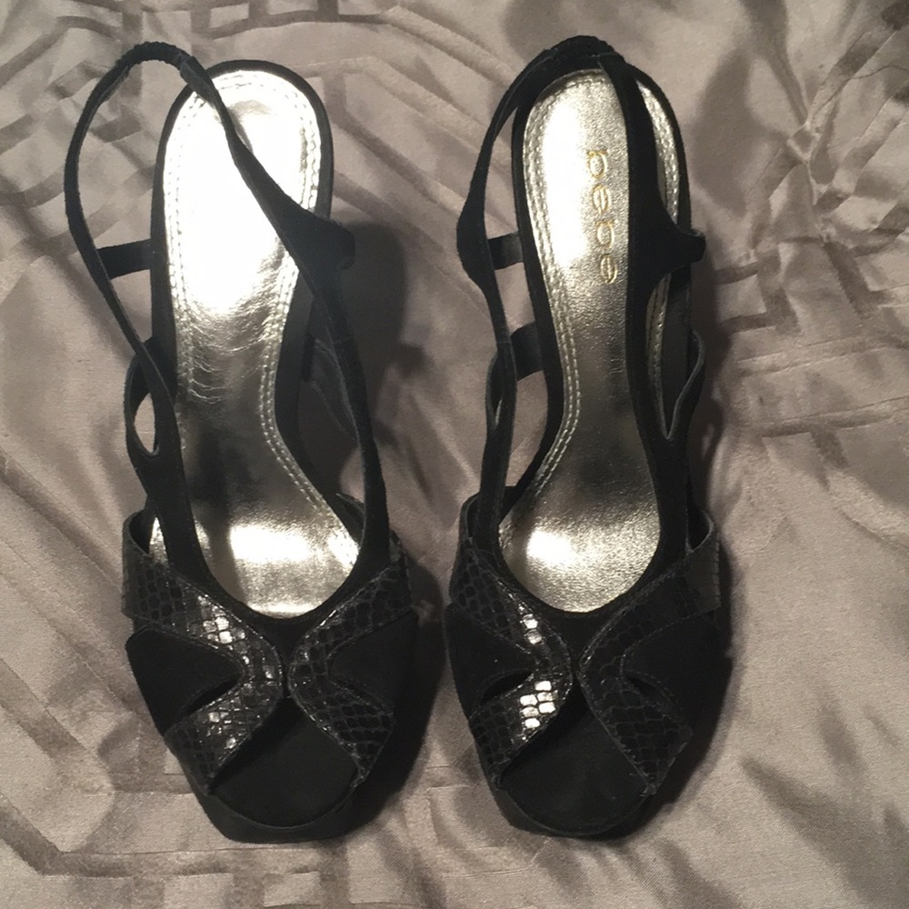 Bebe black suede/snake print heels sz7B