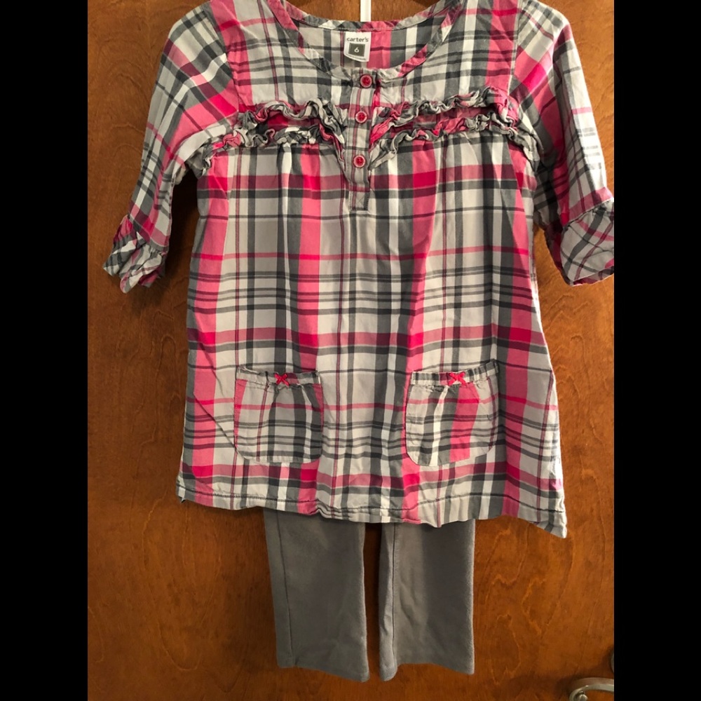 Carters Pink/Gray plaid cotton shirt and pant set