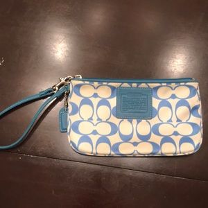 Coach blue & white logo wristlet clutch