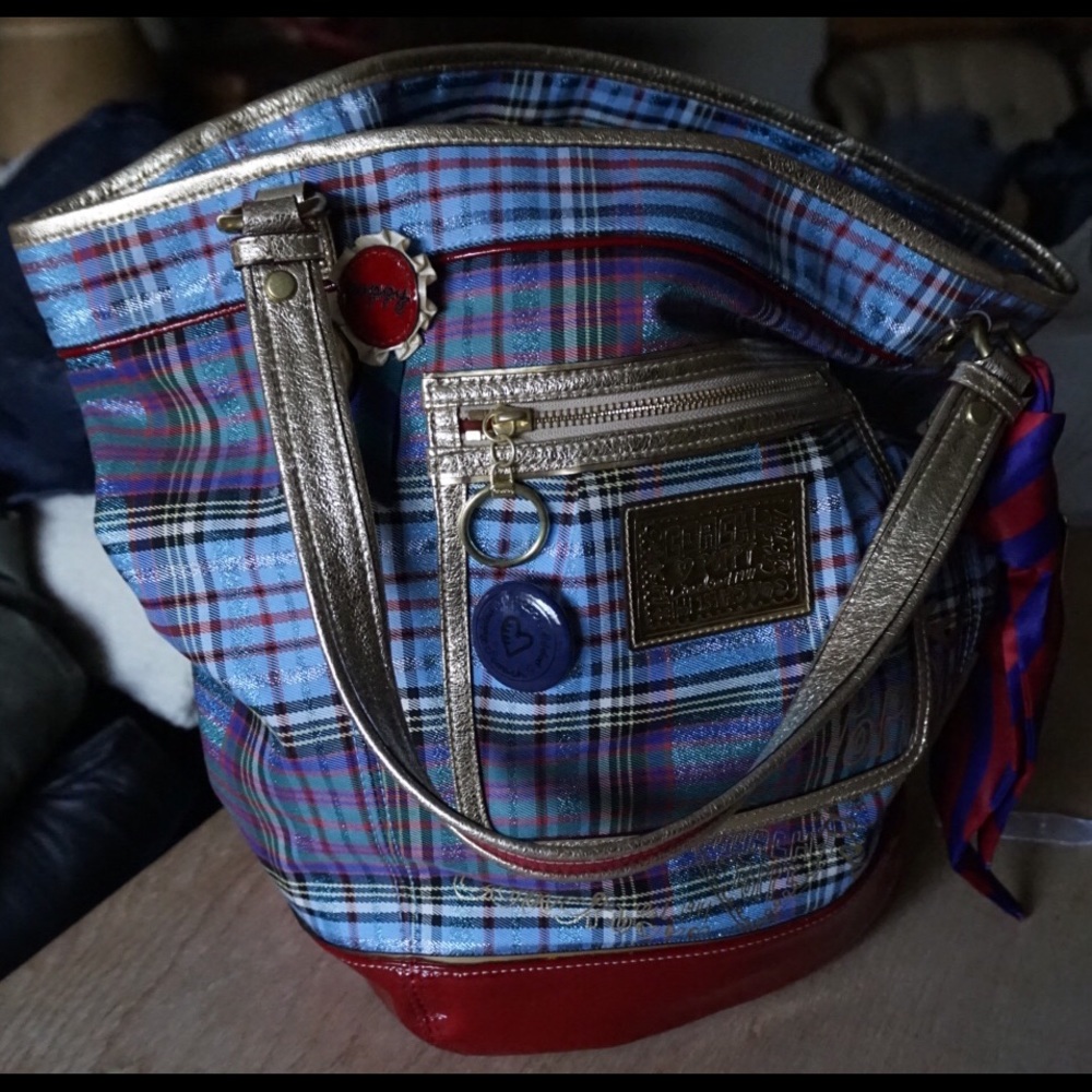 Coach Purse Blue Red Plaid Gold Poppy Collection