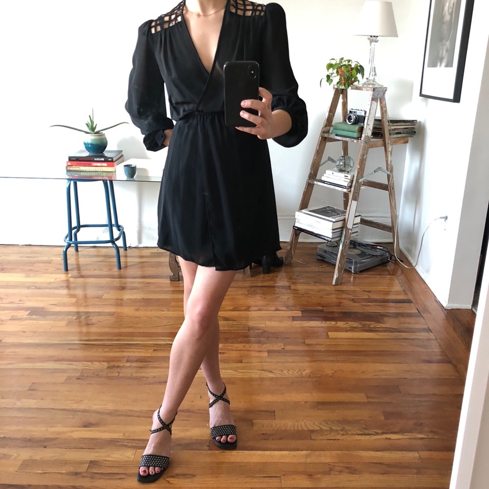 Vintage Black Sheer V-neck Mini Dress w/ Caged Style Lattice Open Back Small + - Picture 8 of 16