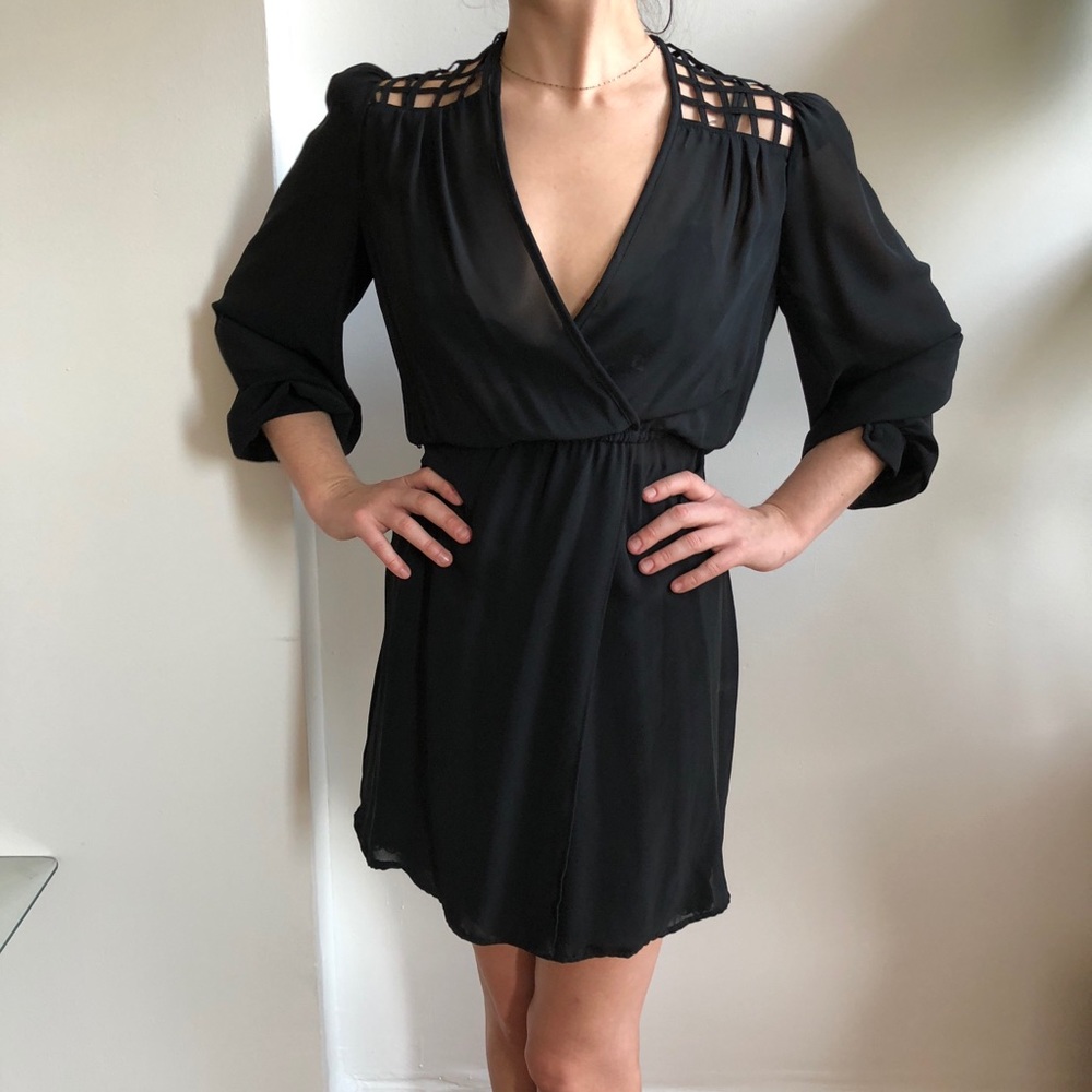 Vintage Black Sheer V-neck Mini Dress w/ Caged Style Lattice Open Back Small + - Picture 12 of 16