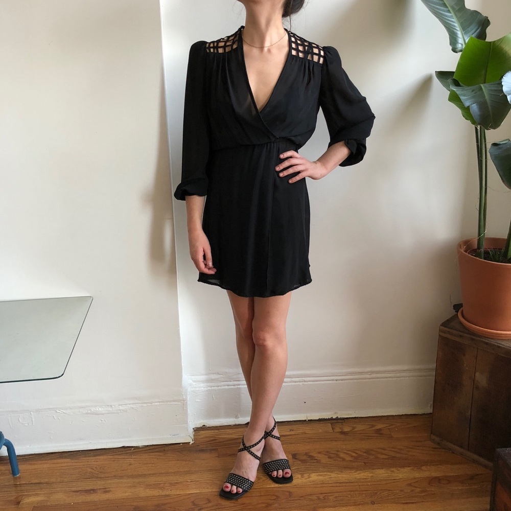 Vintage Black Sheer V-neck Mini Dress w/ Caged Style Lattice Open Back Small + - Picture 13 of 16