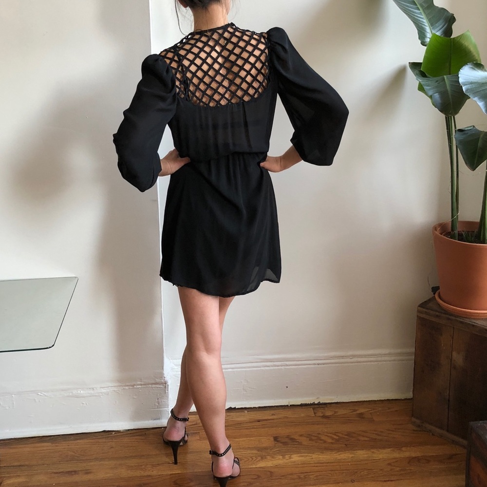 Vintage Black Sheer V-neck Mini Dress w/ Caged Style Lattice Open Back Small + - Picture 2 of 16