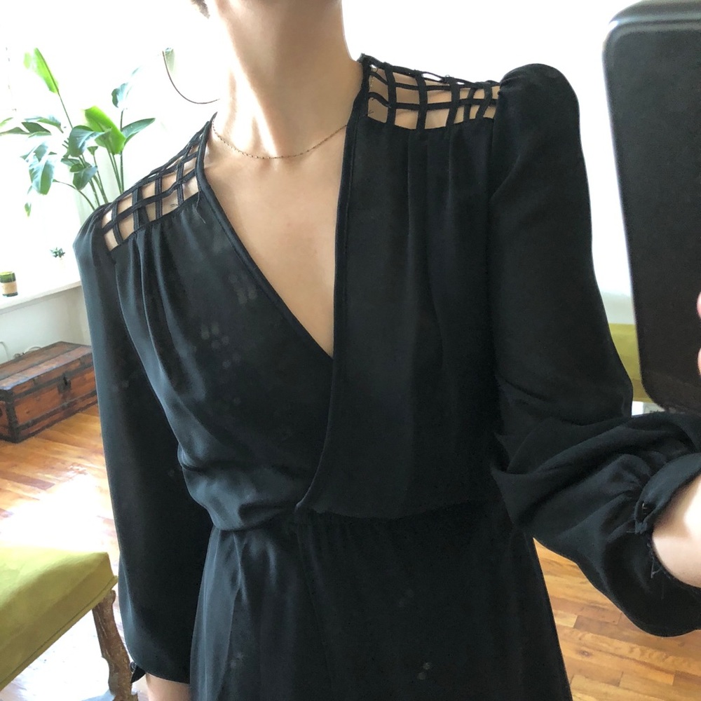 Vintage Black Sheer V-neck Mini Dress w/ Caged Style Lattice Open Back Small + - Picture 15 of 16