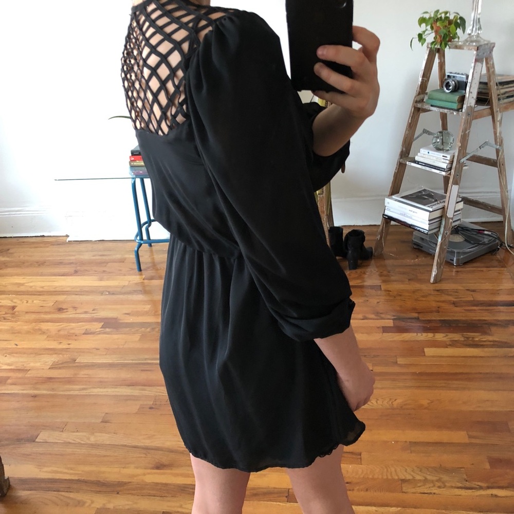 Vintage Black Sheer V-neck Mini Dress w/ Caged Style Lattice Open Back Small + - Picture 14 of 16
