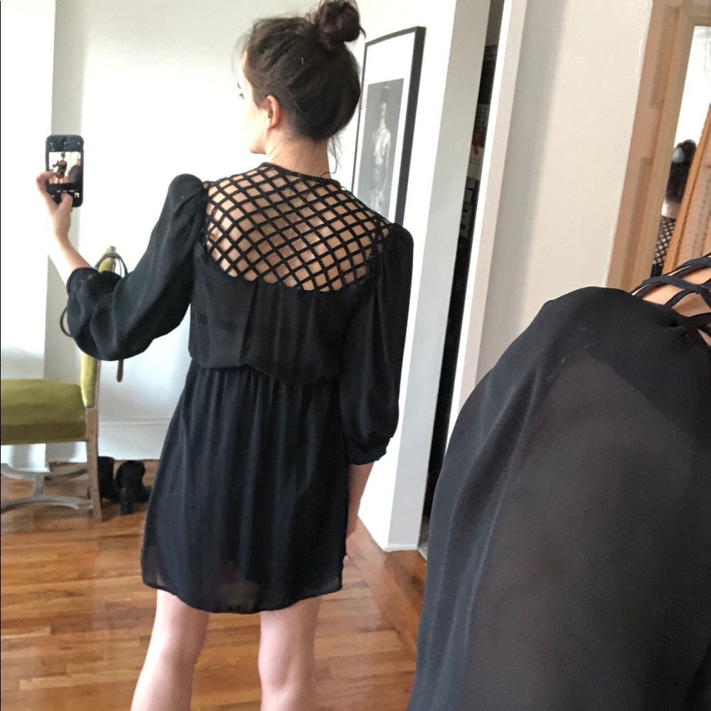 Vintage Black Sheer V-neck Mini Dress w/ Caged Style Lattice Open Back Small + - Picture 16 of 16