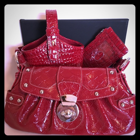 Bisou Bisou Handbags - BISOU BISOU Red Crinkle Satchel Handbag