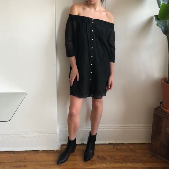 Antipodium Black Sheer Off the Shoulder 3/4 Sleeve Mini Dress w/ Pearl Buttons - Picture 5 of 16