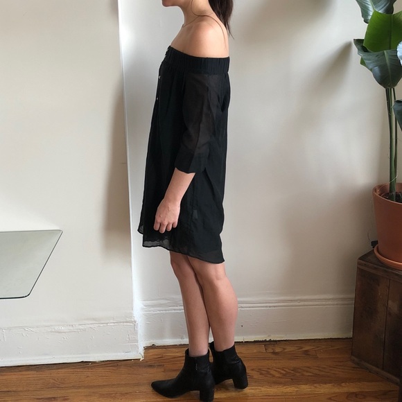 Antipodium Black Sheer Off the Shoulder 3/4 Sleeve Mini Dress w/ Pearl Buttons - Picture 9 of 16