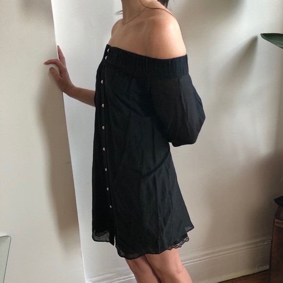 Antipodium Black Sheer Off the Shoulder 3/4 Sleeve Mini Dress w/ Pearl Buttons - Picture 10 of 16