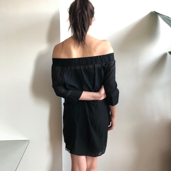 Antipodium Black Sheer Off the Shoulder 3/4 Sleeve Mini Dress w/ Pearl Buttons - Picture 11 of 16