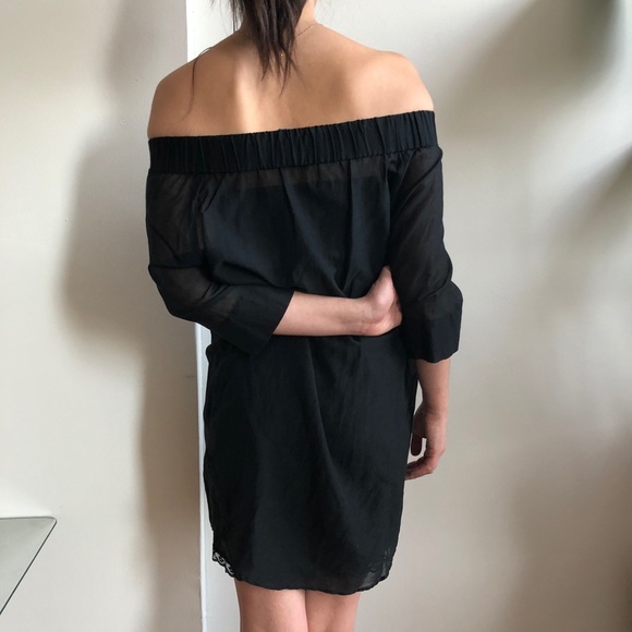 Antipodium Black Sheer Off the Shoulder 3/4 Sleeve Mini Dress w/ Pearl Buttons - Picture 12 of 16