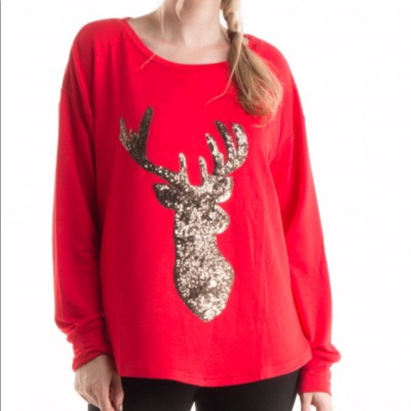 GOLD SEQUIN REINDEER RED LONG SLEEVE TOP - Picture 2 of 8