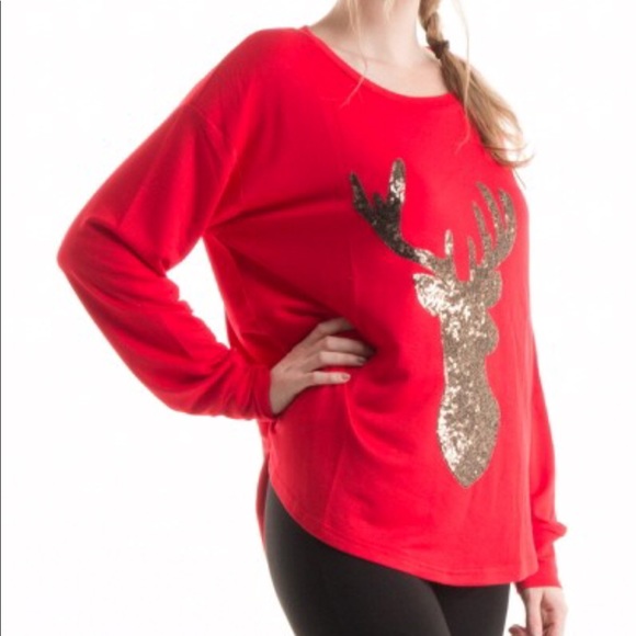 GOLD SEQUIN REINDEER RED LONG SLEEVE TOP - Picture 3 of 8