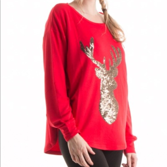 GOLD SEQUIN REINDEER RED LONG SLEEVE TOP - Picture 4 of 8