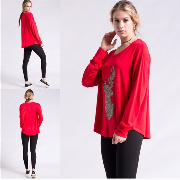 GOLD SEQUIN REINDEER RED LONG SLEEVE TOP - Picture 6 of 8
