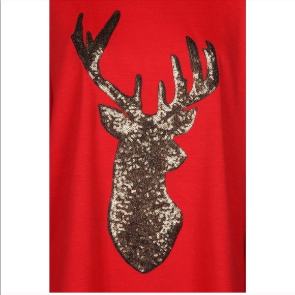 GOLD SEQUIN REINDEER RED LONG SLEEVE TOP - Picture 7 of 8