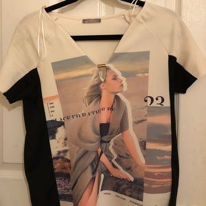 Zara graphic v neck blouse