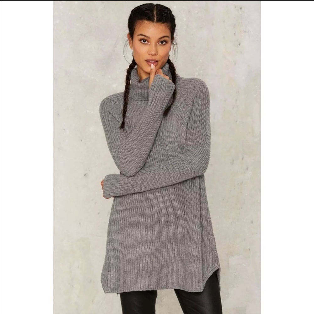 Grey ribbed turtleneck sweater dress