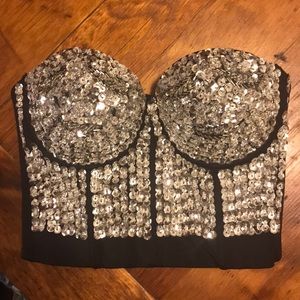 Black Silver Sequin Corset Crop Top