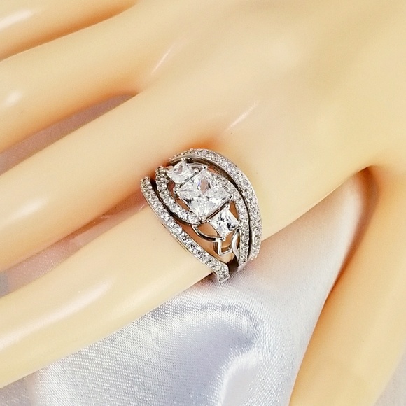 3pc Real 925 Princess Cut Engagement Wedding Ring - Picture 2 of 3