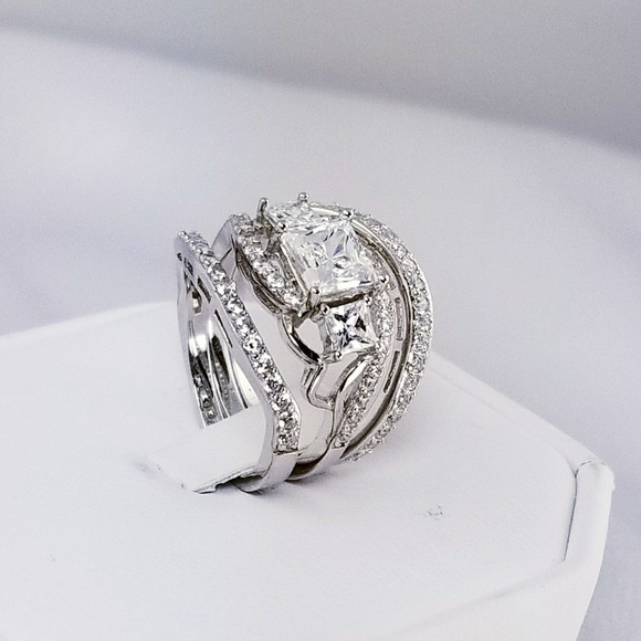 3pc Real 925 Princess Cut Engagement Wedding Ring - Picture 3 of 3