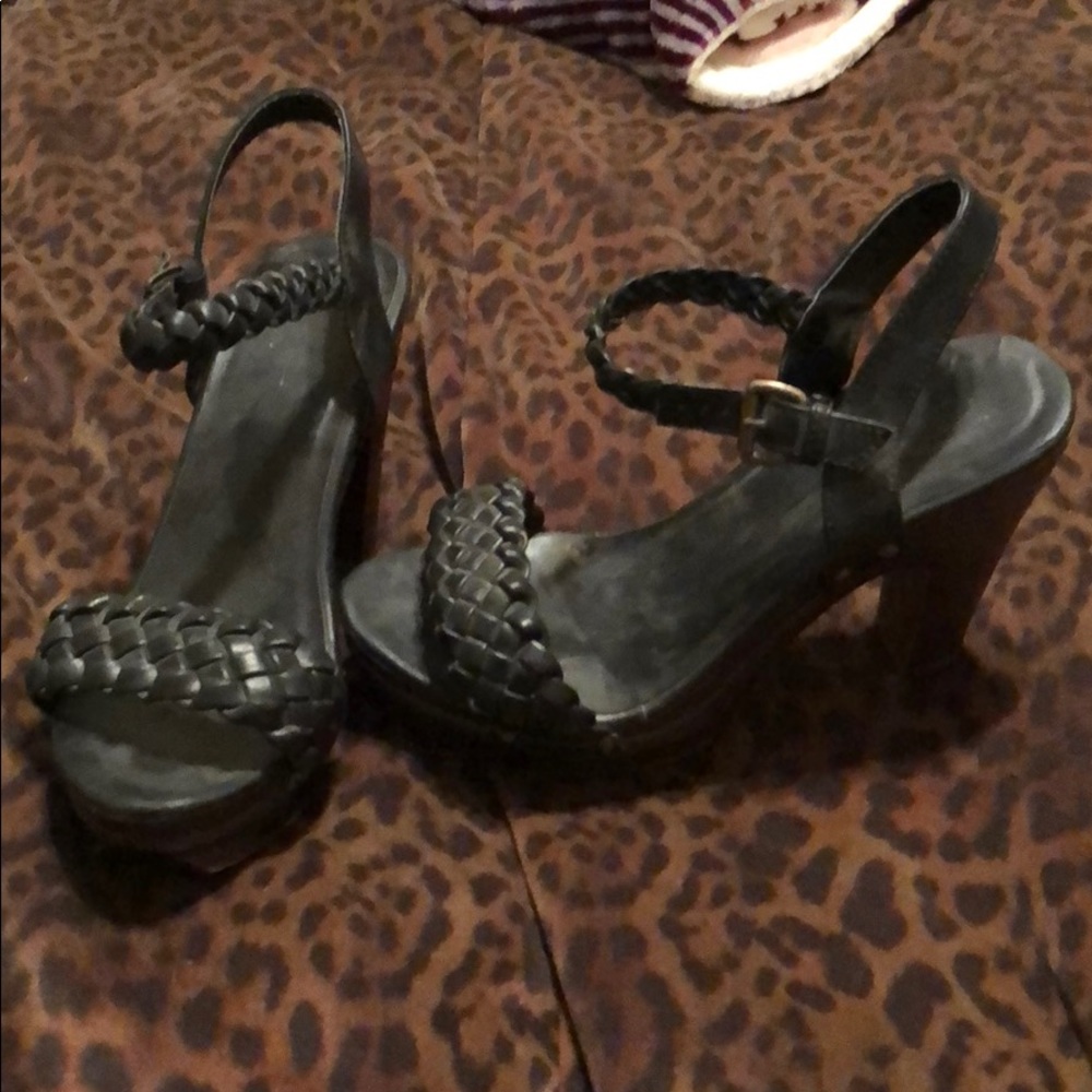 Dark Brown Braided Heeled Sandals with Wood Heel