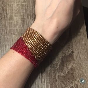 Super Fun Boho Red and Gold Beaded Cuff Bracelet