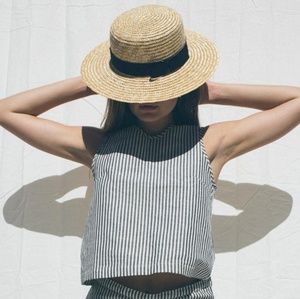 Ali Golden Linen Crew Neck Set in Black Stripe