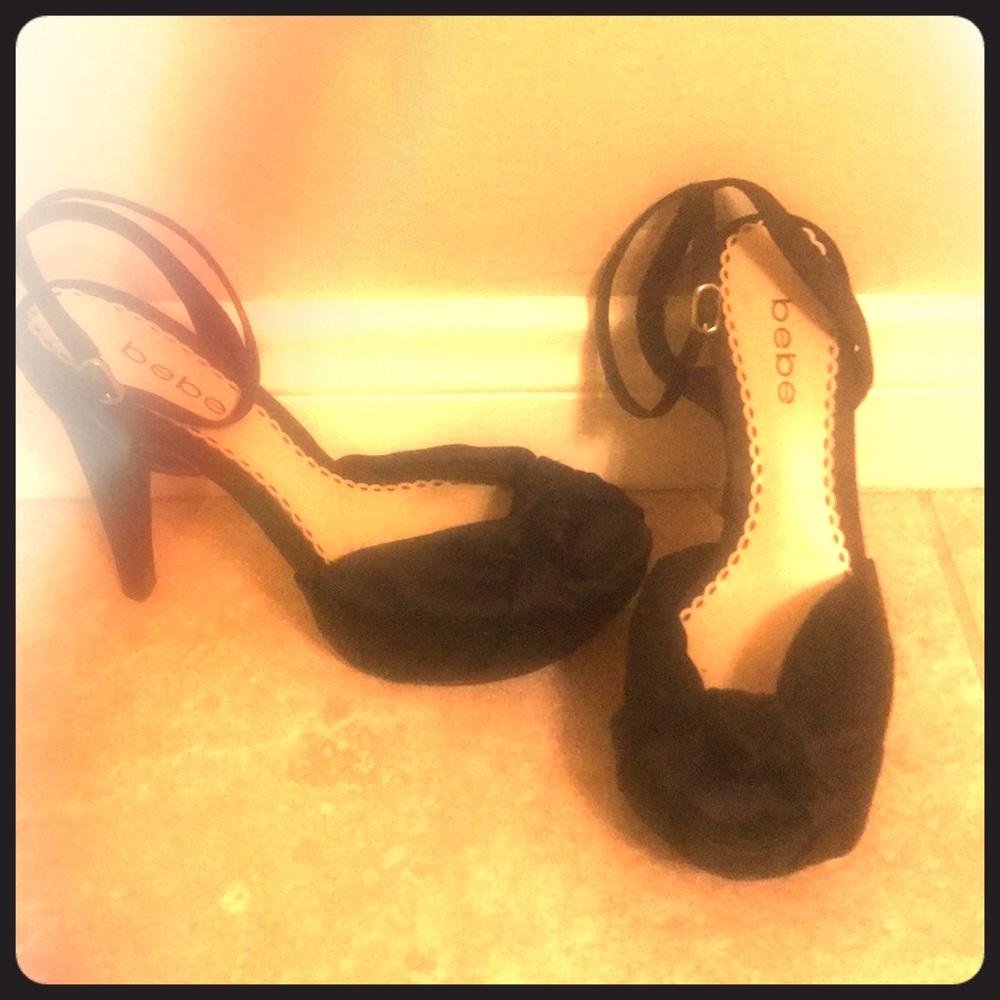 Bebe Black Satin Peep Toe Pumps