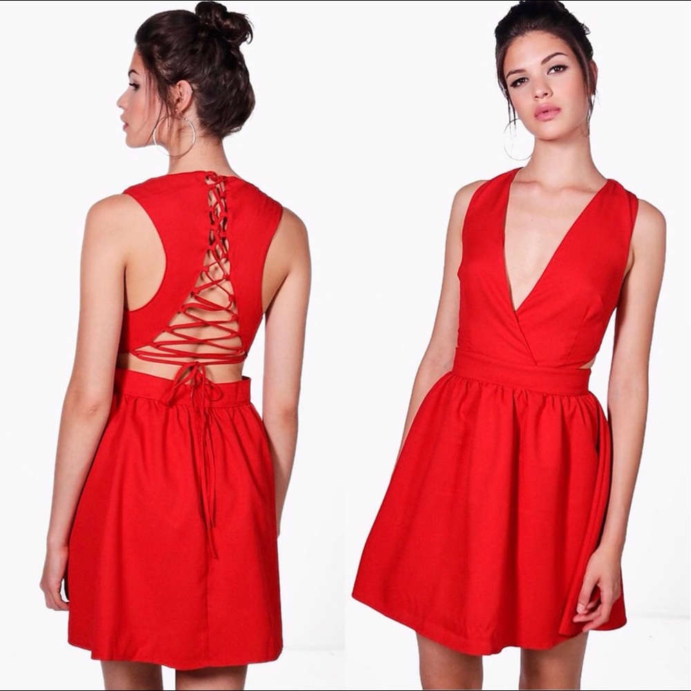 Brand New Boohoo Red Lace Up Dress