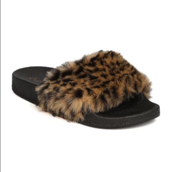 leopard fur slide sandals