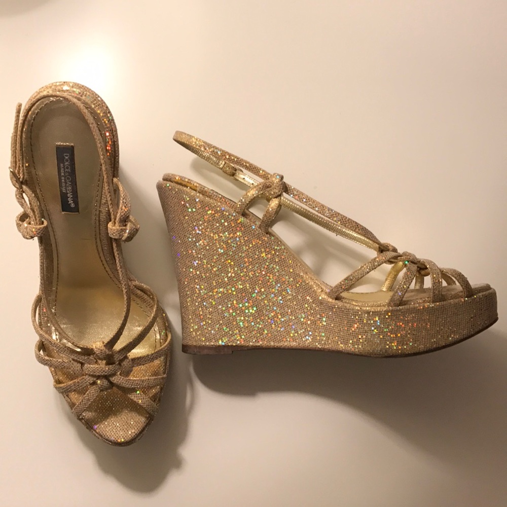 Dolce & Gabbana Gold Glitter Wedges ✨