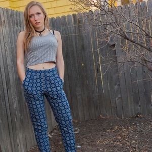 Funky blue and white patterned high waisted pants