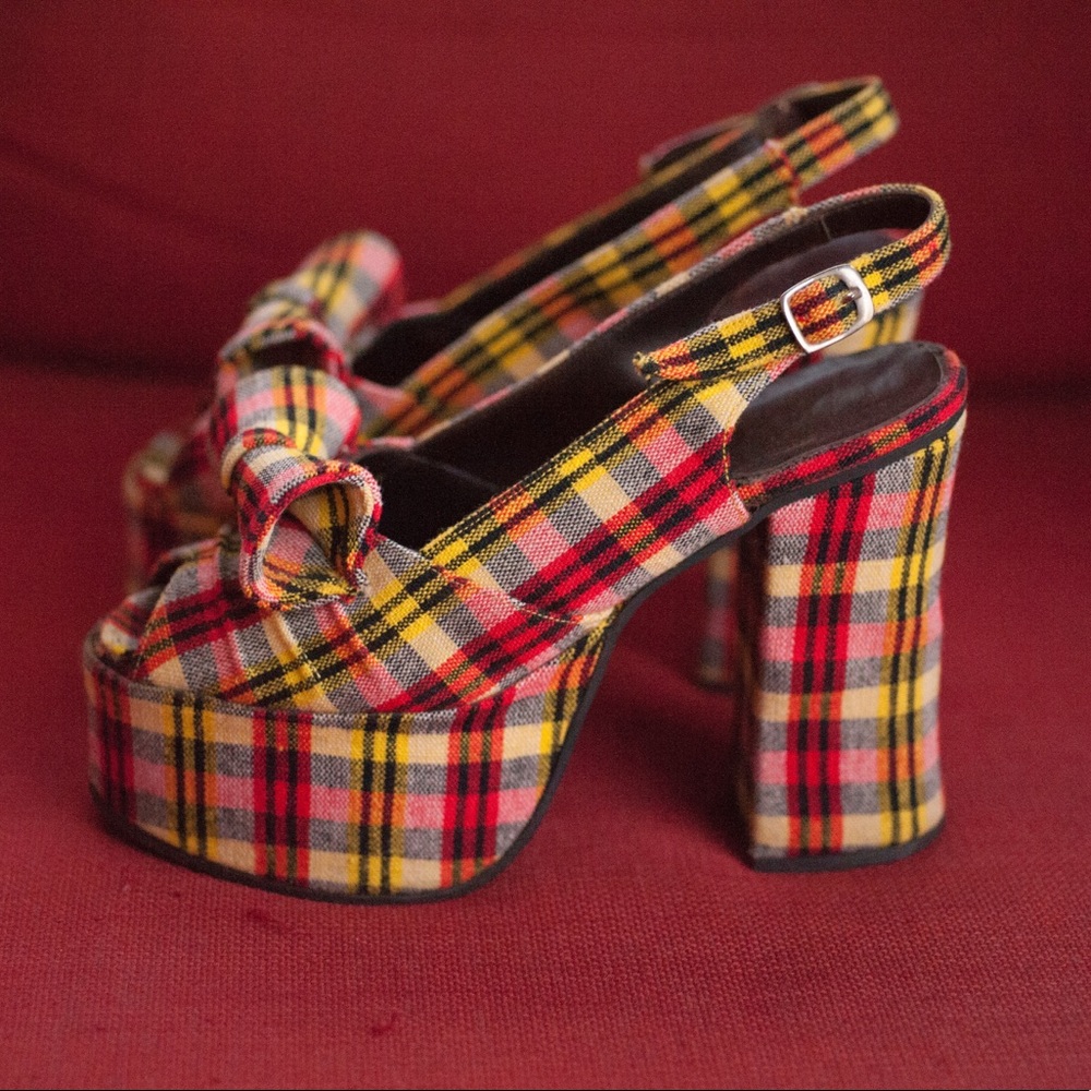 Biba Style 60s/70s Vintage Platform Plaid Open Toe