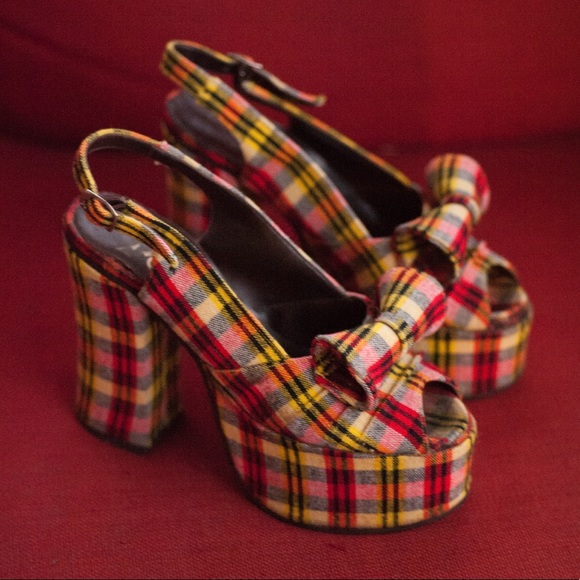 Biba Style 60s/70s Vintage Platform Plaid Open Toe - Picture 2 of 5
