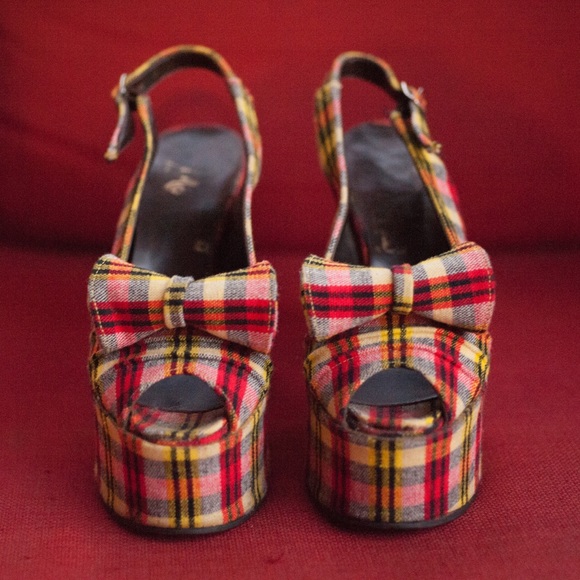 Biba Style 60s/70s Vintage Platform Plaid Open Toe - Picture 3 of 5
