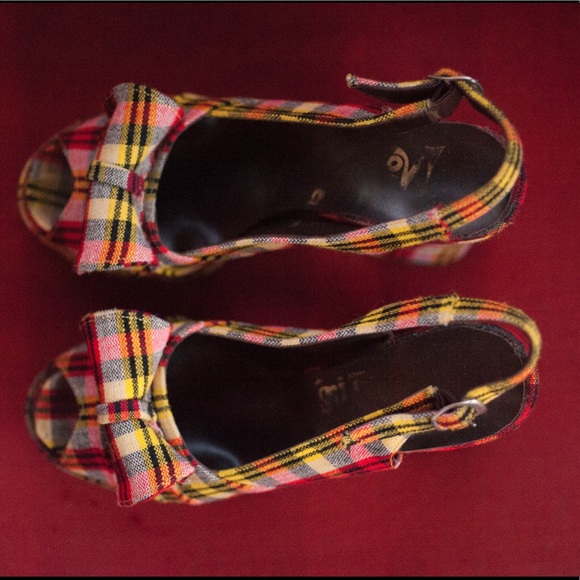 Biba Style 60s/70s Vintage Platform Plaid Open Toe - Picture 4 of 5