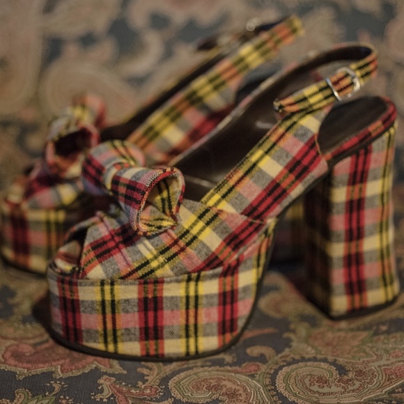Biba Style 60s/70s Vintage Platform Plaid Open Toe - Picture 5 of 5