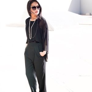 BCBG Black jumpsuit with sheer chiffon top